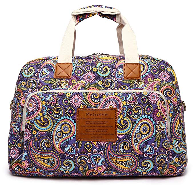 Malirona Canvas Overnight Bag Women Weekender Bag Carry On Travel Duffel Bag Floral (Purple Flower)