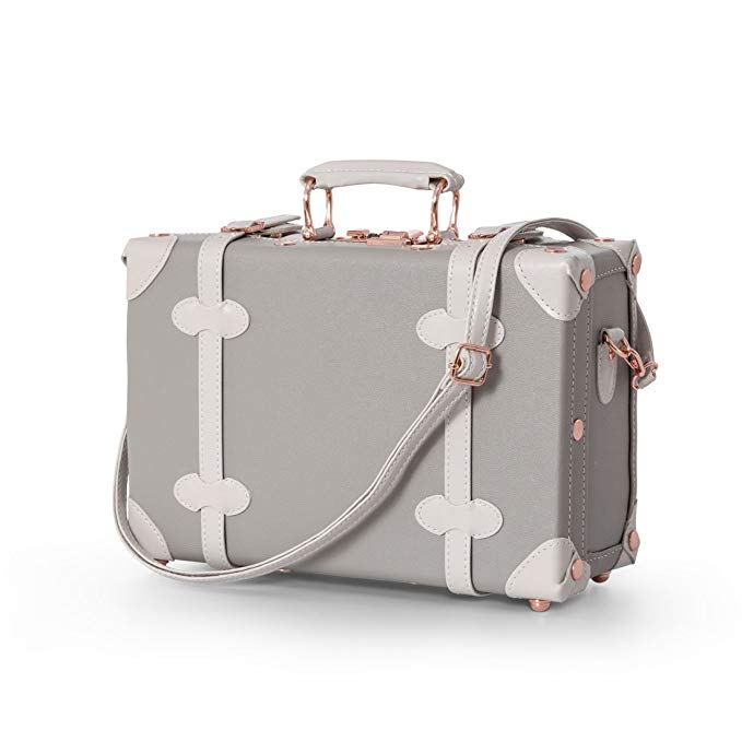 UNIWALKER 12 Inch Pu Leather Small Carry On Suitcase with Straps (Grey with white)