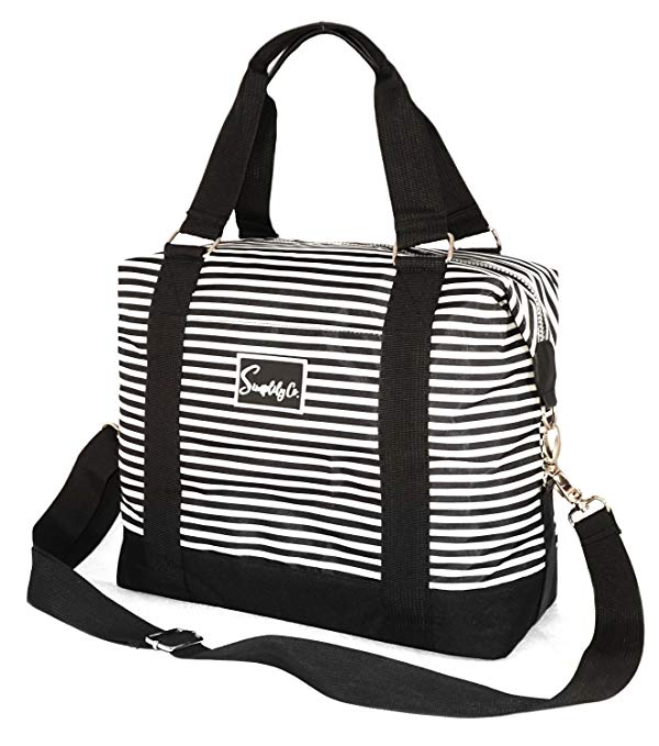 Travel Weekender Overnight Carry-on Under the Seat Shoulder Tote Bag (Small, White & Black Stripes)